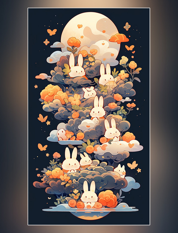 月饼月亮中秋节中国传统节日可爱的兔子灯笼扁平插画创意插画