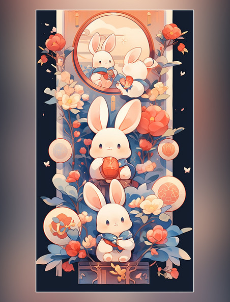 中秋节中国传统节日可爱的兔子月饼月亮灯笼扁平插画创意插画