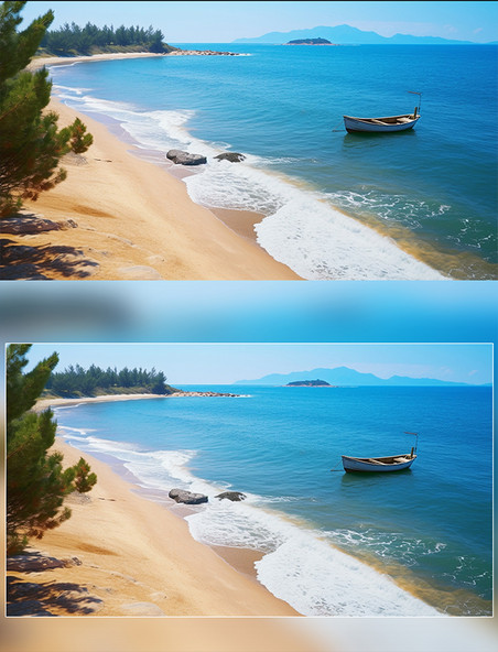 俯视蔚蓝的大海和沙滩高清摄影图