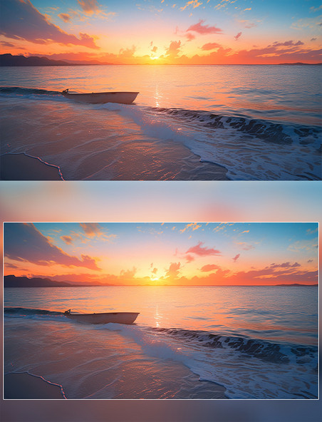 夕阳下唯美的大海海面涨潮拍打沙滩高清摄影图