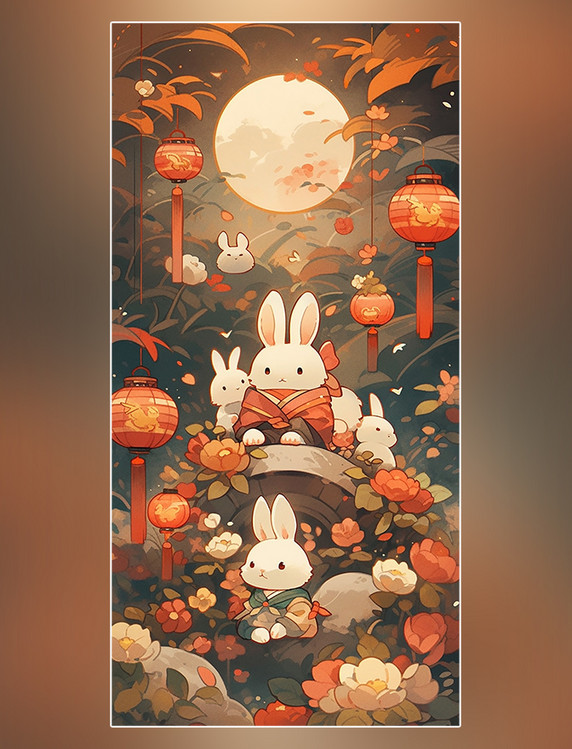 中秋节中国传统节日可爱的兔子月饼月亮灯笼扁平插画