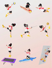 3D立体运动会女运动员人物运动项目比赛套图形象亚运会