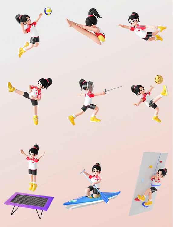 3D立体运动会女运动员人物运动项目比赛套图形象亚运会