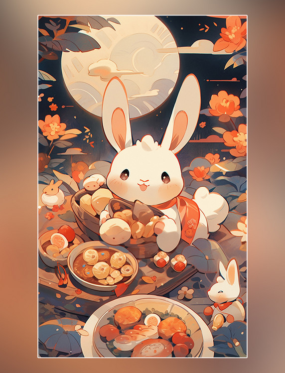 中秋节中国传统节日可爱的兔子扁平插画月饼月亮灯笼创意插画