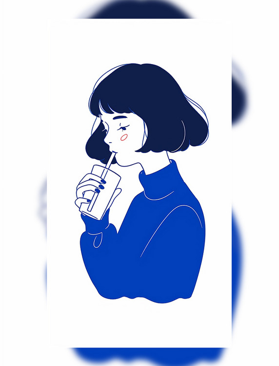 茶饮类人物头像蓝衣服女孩喝茶