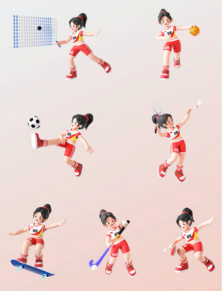 运动会3D立体女运动员人物体育项目套图形象亚运会