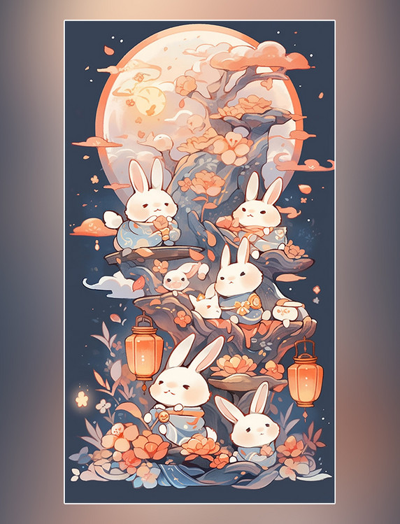 中秋节中国传统节日可爱的兔子月饼扁平插画创意插画月亮灯笼