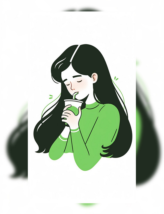茶饮类人物头像绿衣服女孩喝茶