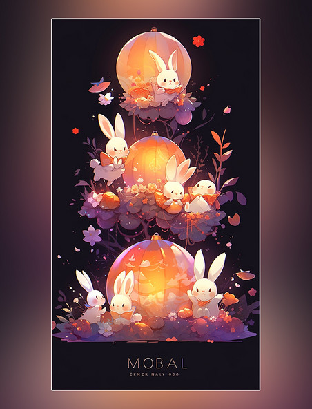 中国传统节日桂花灯笼插画中秋节可爱的兔子月饼月亮