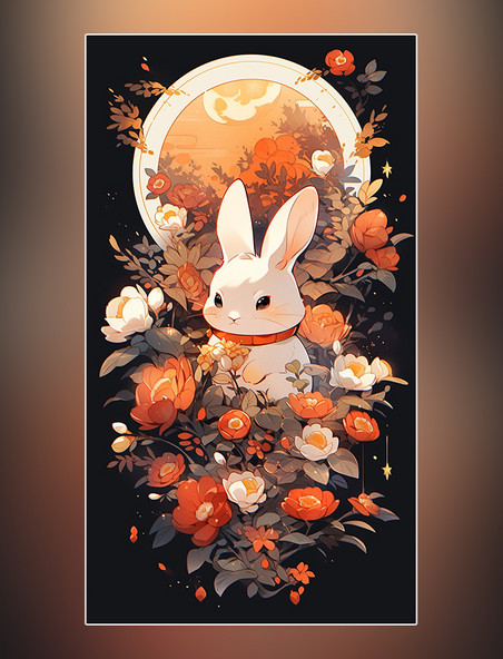 中国传统节日中秋节可爱的兔子月饼月亮桂花灯笼插画