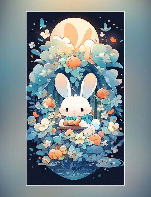 中国传统节日插画中秋节可爱的兔子月饼月亮桂花灯笼
