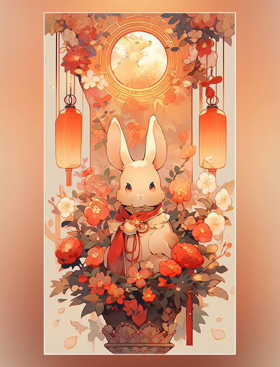中国传统节日中秋节灯笼插画可爱的兔子月饼月亮桂花