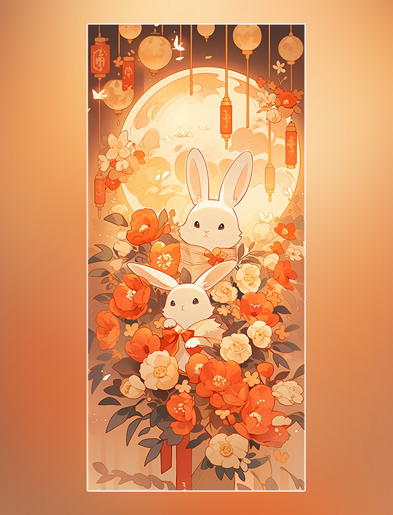 中国传统节日月饼月亮桂花灯笼插画中秋节可爱的兔子