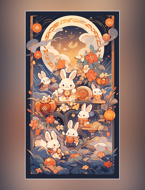 中国传统节日中秋节可爱的兔子灯笼插画月饼月亮桂花