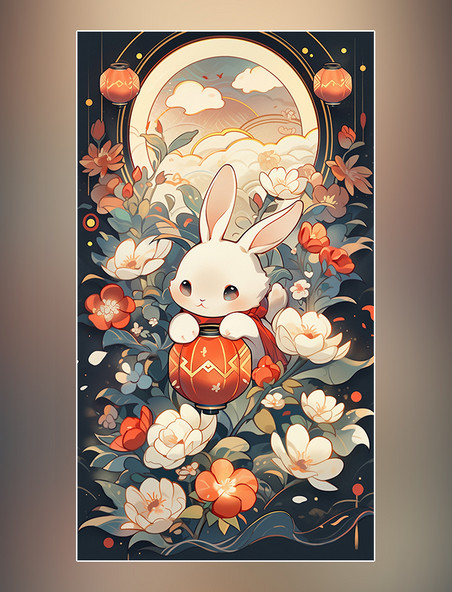 中国传统节日中秋节月饼月亮桂花灯笼插画可爱的兔子