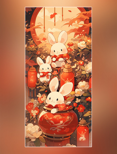 月饼月亮桂花灯笼插画中国传统节日中秋节可爱的兔子