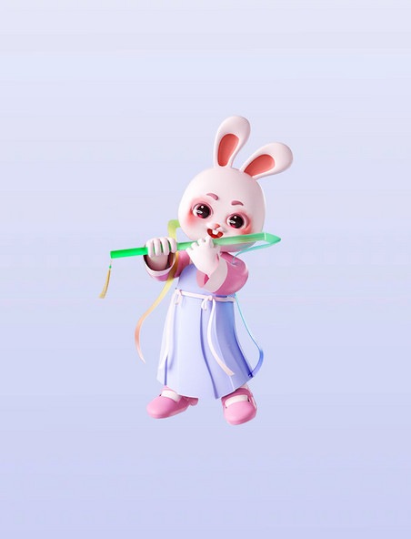 3D立体中秋节可爱拟人兔子吹笛子形象