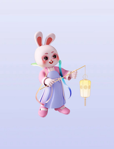 3D立体中秋节可爱拟人兔子提灯笼形象