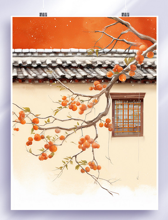 唯美中国风墙外的柿子树霜降节气插画8