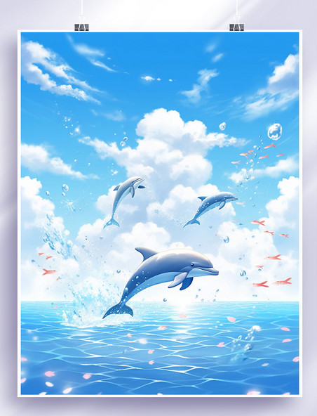 海豚跃水漫画风格海面上蓝天白云插画2
