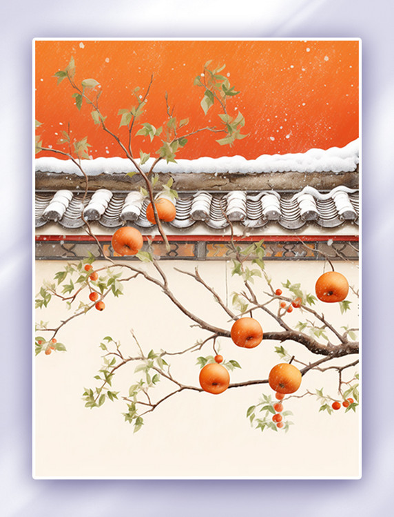 唯美中国风墙外的柿子树霜降节气插画