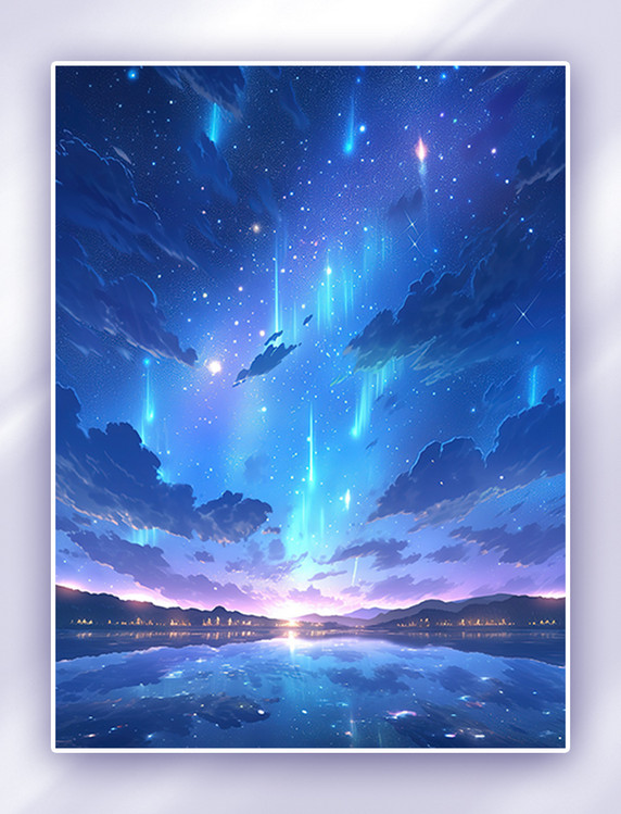 淡蓝色的星空梦幻极光星星插画
