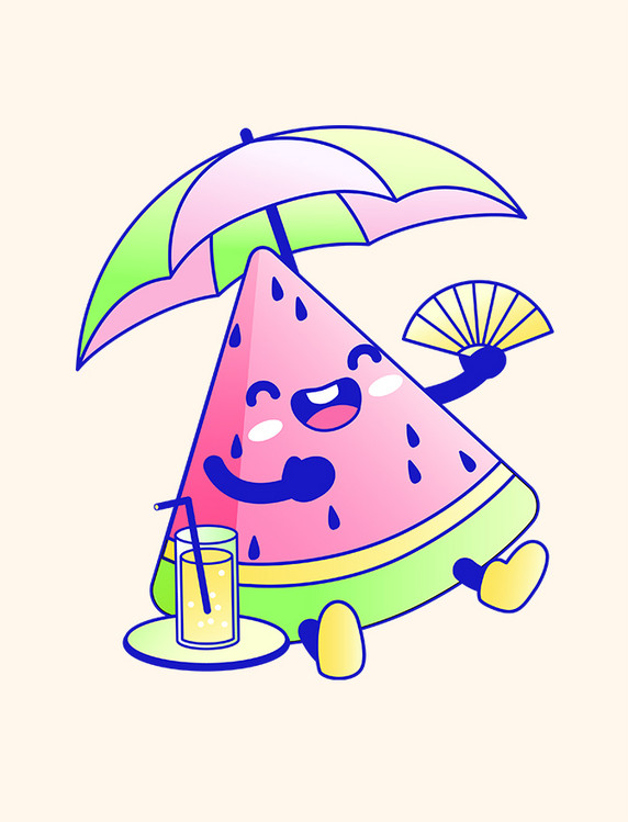 夏天描边风拟人西瓜太阳伞