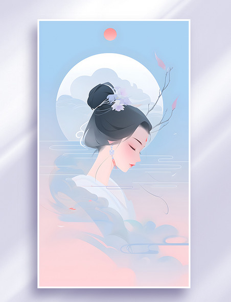 新式淡雅蓝粉色系中国风古风美女人物形象插画