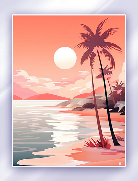 夏天完美的海滩之夜浅橙色日落插画