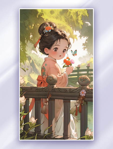 穿汉服在桥上赏花可爱小女孩中国风唐风人物插画