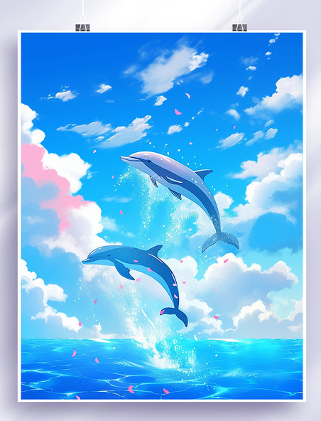 海豚跃水漫画风格海面上蓝天白云插画3