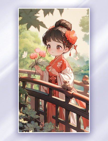 手绘在桥边穿汉服赏花的女孩中国风唐风人物插画