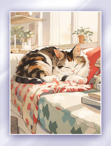 可爱宠物猫客厅沙发睡觉插画