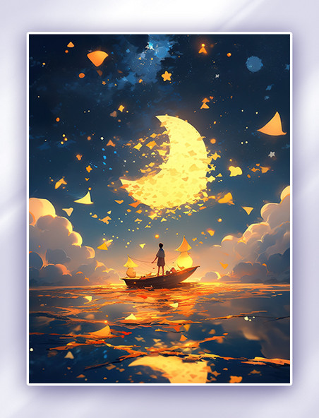 梦幻之夜星星和月亮湖面插画