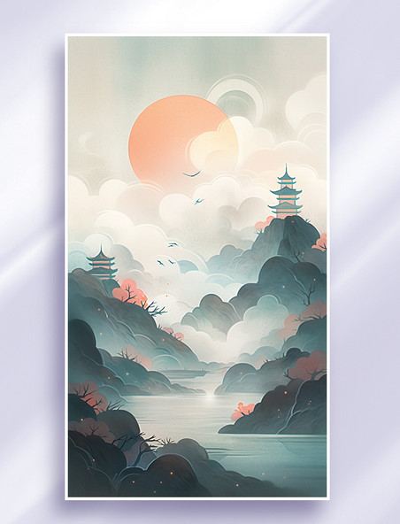 中国风新中式淡彩山水风景插画
