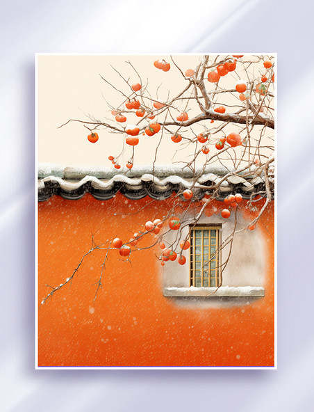 中国风唯美墙外的柿子树霜降二十四节气插画