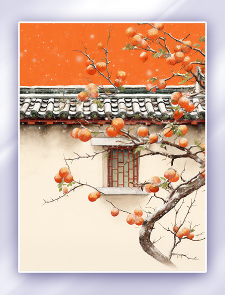 唯美中国风唯美墙外的柿子树霜降节气插画