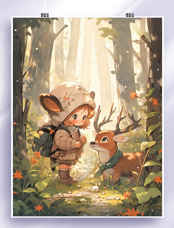 可爱小鹿和女孩治愈系插画