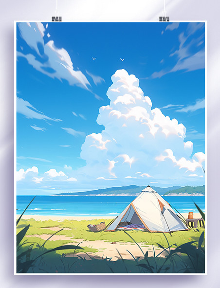 沙滩帐篷唯美海边风景插画19
