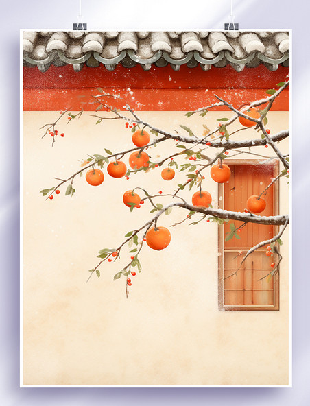 唯美墙外的柿子树中国风霜降节气插画2