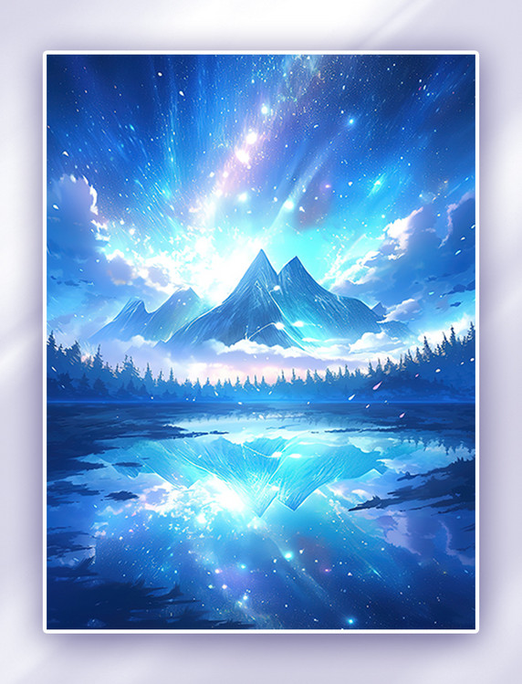 淡蓝色的星空梦幻极光天空插画