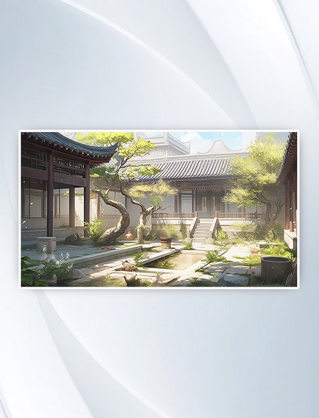 中式场景插画唯美治愈古风翠绿感性中式庭院插画