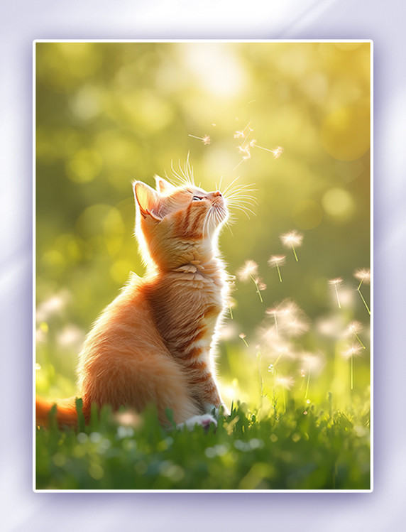 可爱小猫在草地上蒲公英玩耍摄影图