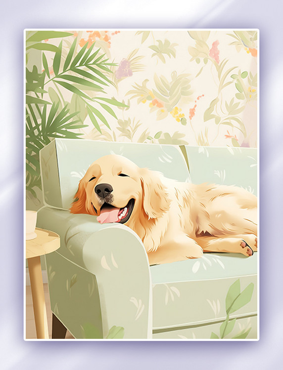 可爱的金毛犬躺在客厅沙发上舒适插画