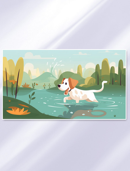 唯美可爱的狗狗在池塘玩耍