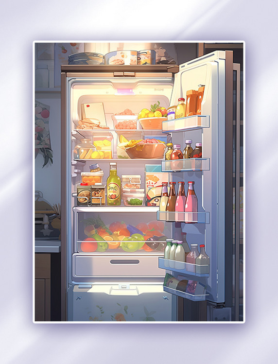 夏季打开冰箱各种饮料插画