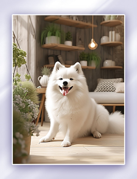 可爱的萨摩耶狗坐在客户地板上摄影图