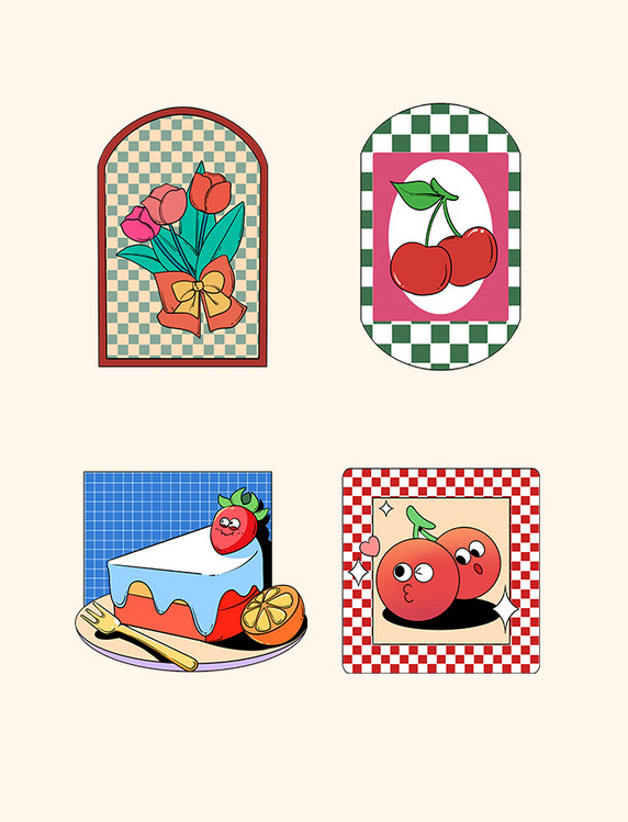 90年代卡通花朵蛋糕水果复古贴纸