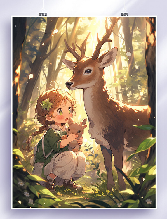 可爱小鹿和女孩治愈系插画