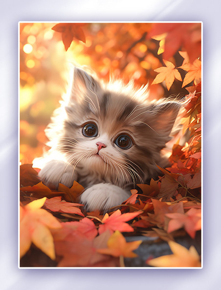 秋天枫叶落叶可爱的小猫动物摄影图